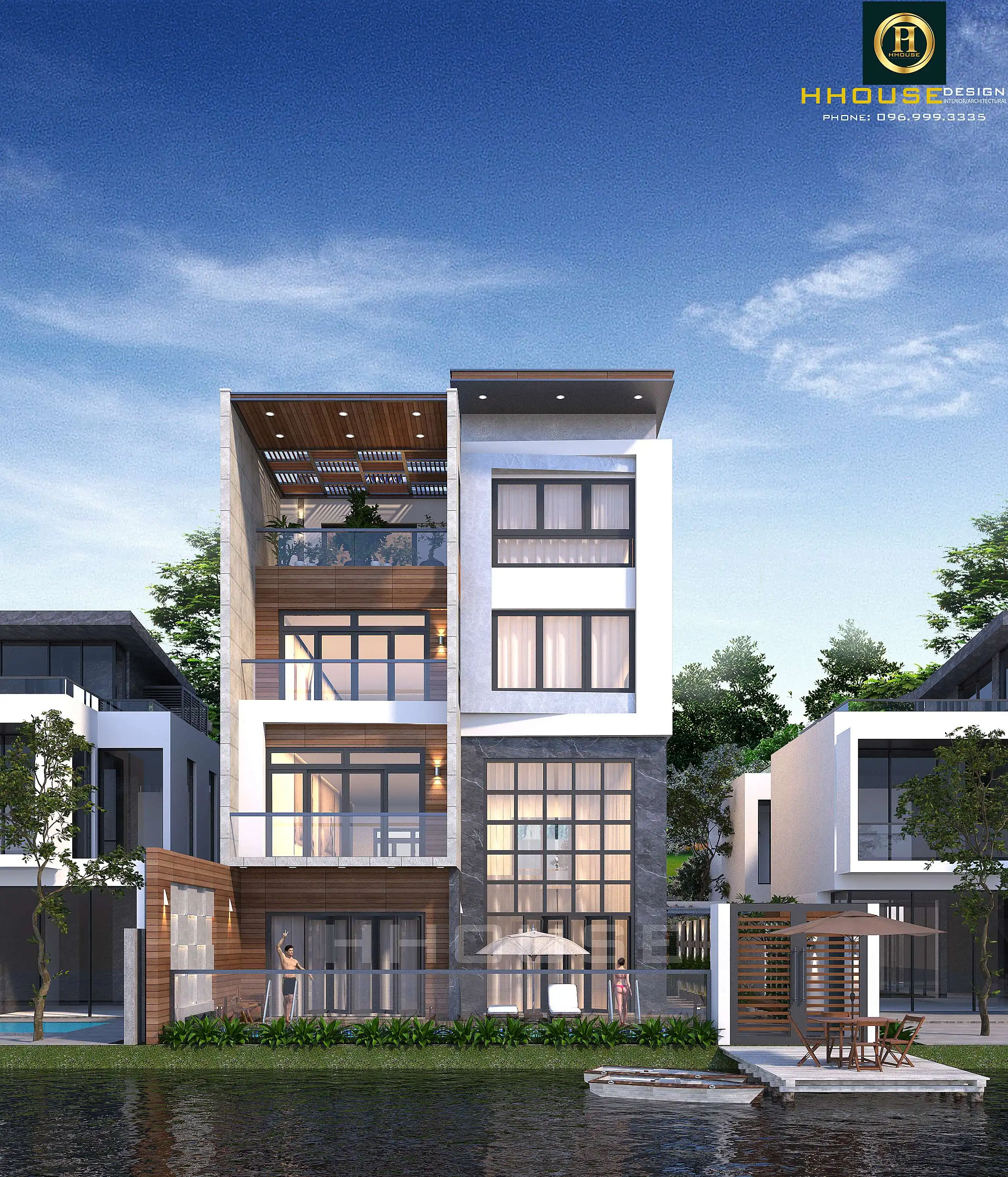 Phối cảnh mặt tiền phía hồ của căn biệt thự hiện đại 4 tầng