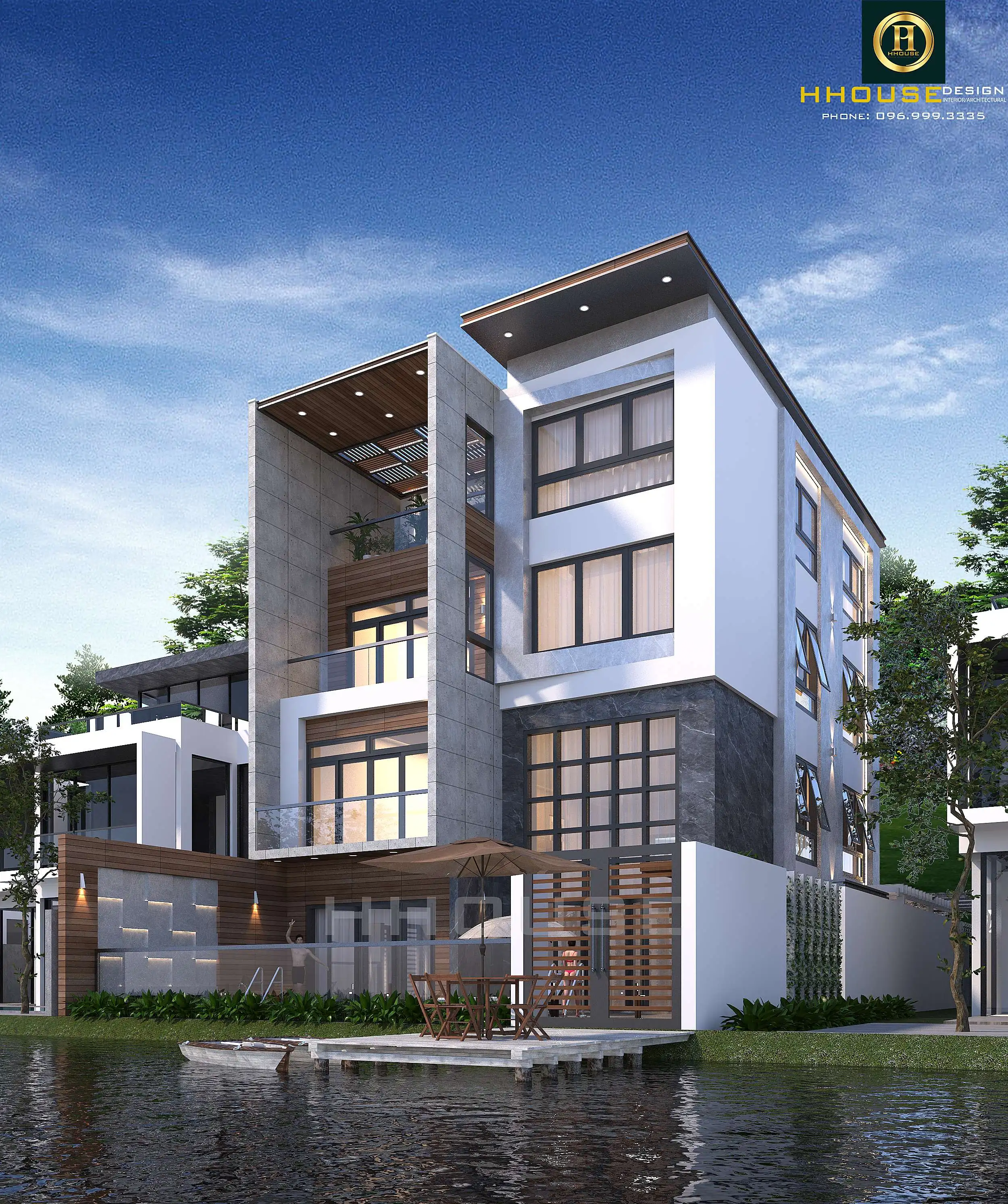 Phối cảnh mặt tiền phía hồ của căn biệt thự hiện đại 4 tầng