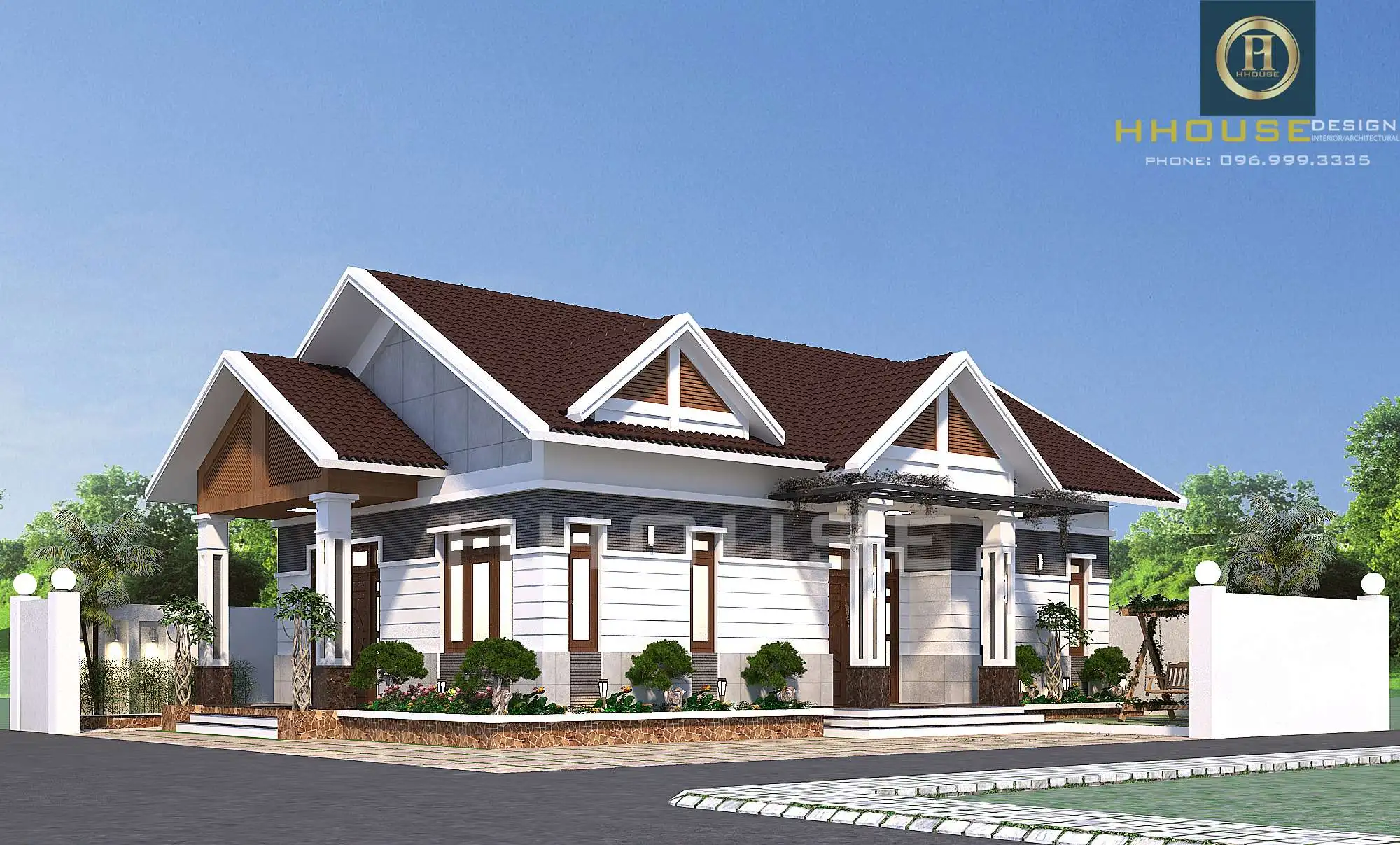 Không gian mặt tiền lớn cùng với tiểu cảnh sân vườn nổi bật, đem đến không gian xanh mát
