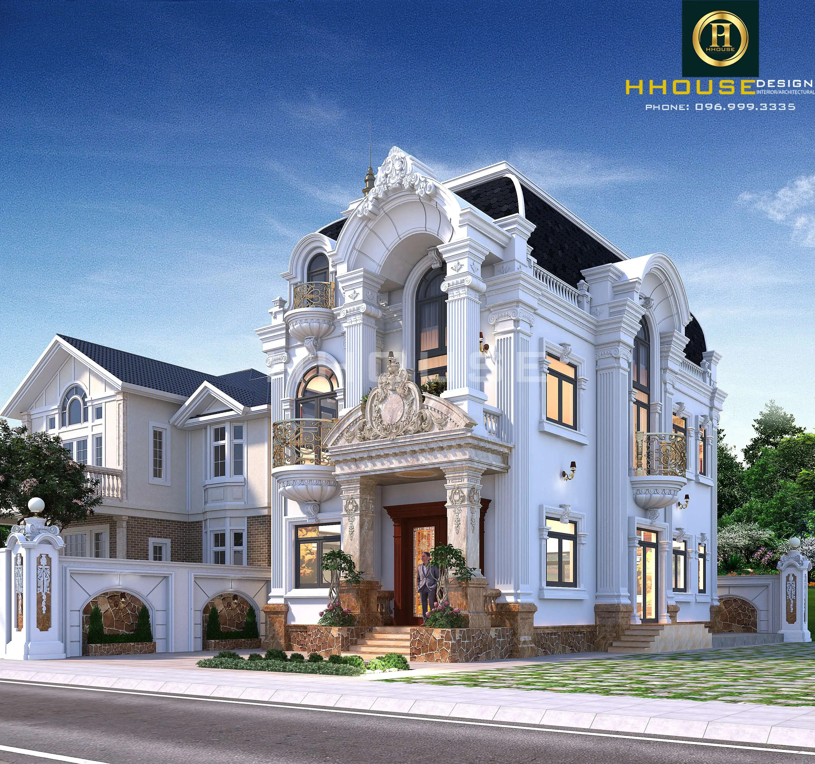 Mẫu thiết kế nhà biệt thự đẹp 3 tầng cổ điển tại Hưng Yên - HH.KT2407 mang nét đẹp thuần khiết, sang trọng và ấm áp nhờ hai tông màu trắng – nâu chủ đạo