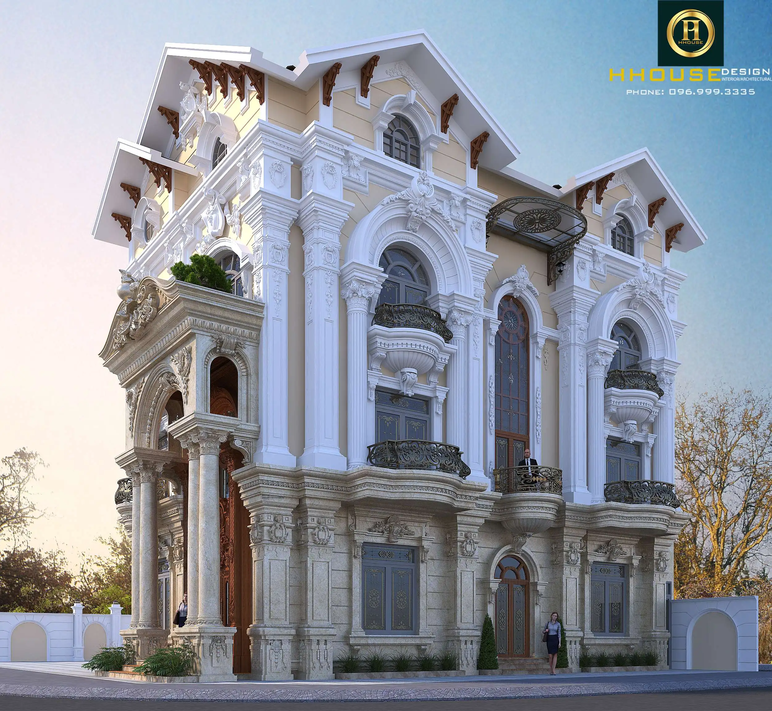 Thiết kế nhà văn phòng 3 tầng 1 tum tân cổ điển đẹp - HH.KT2501